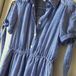 Monteau Striped Button-Front Sun Dress | Cold Shoulder, Bow Tie Sleeves | Medium